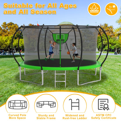 Trampoline, 1200LBS 12FT Trampoline for 1-2 Adults/ 4-5 Kids, Trampoline with Enclosure Net, Basketball Hoop, Ladder, Light, Sprinkler, Backyard Outdoor Heavy Duty Trampoline, No Gap Design