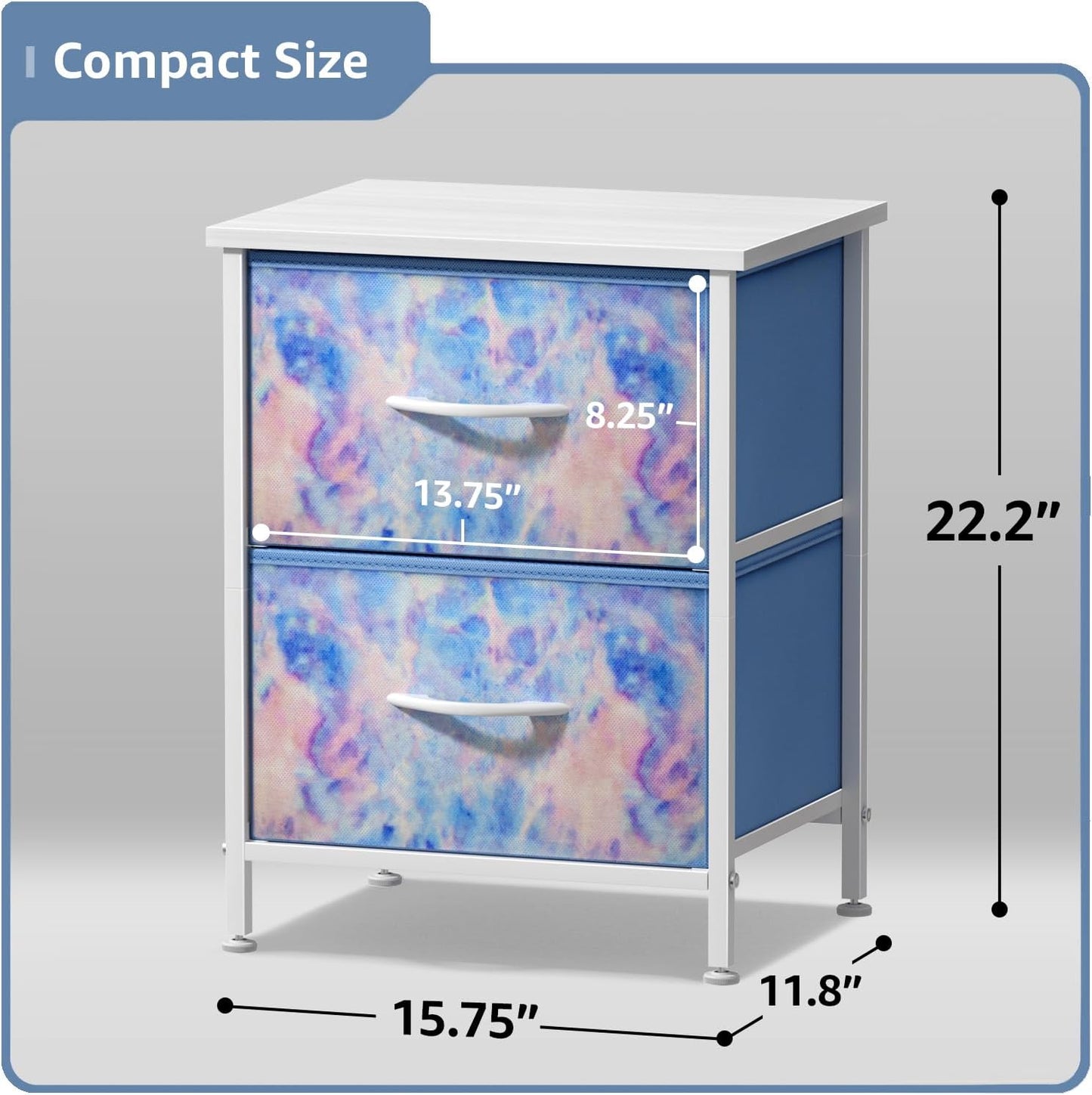 Kids Nightstand with Two Drawers - Steel Frame and Wood Top End Table with Fabric Bins - Versatile Dresser and Chest for Home, Bedroom, Office, and College Dorm