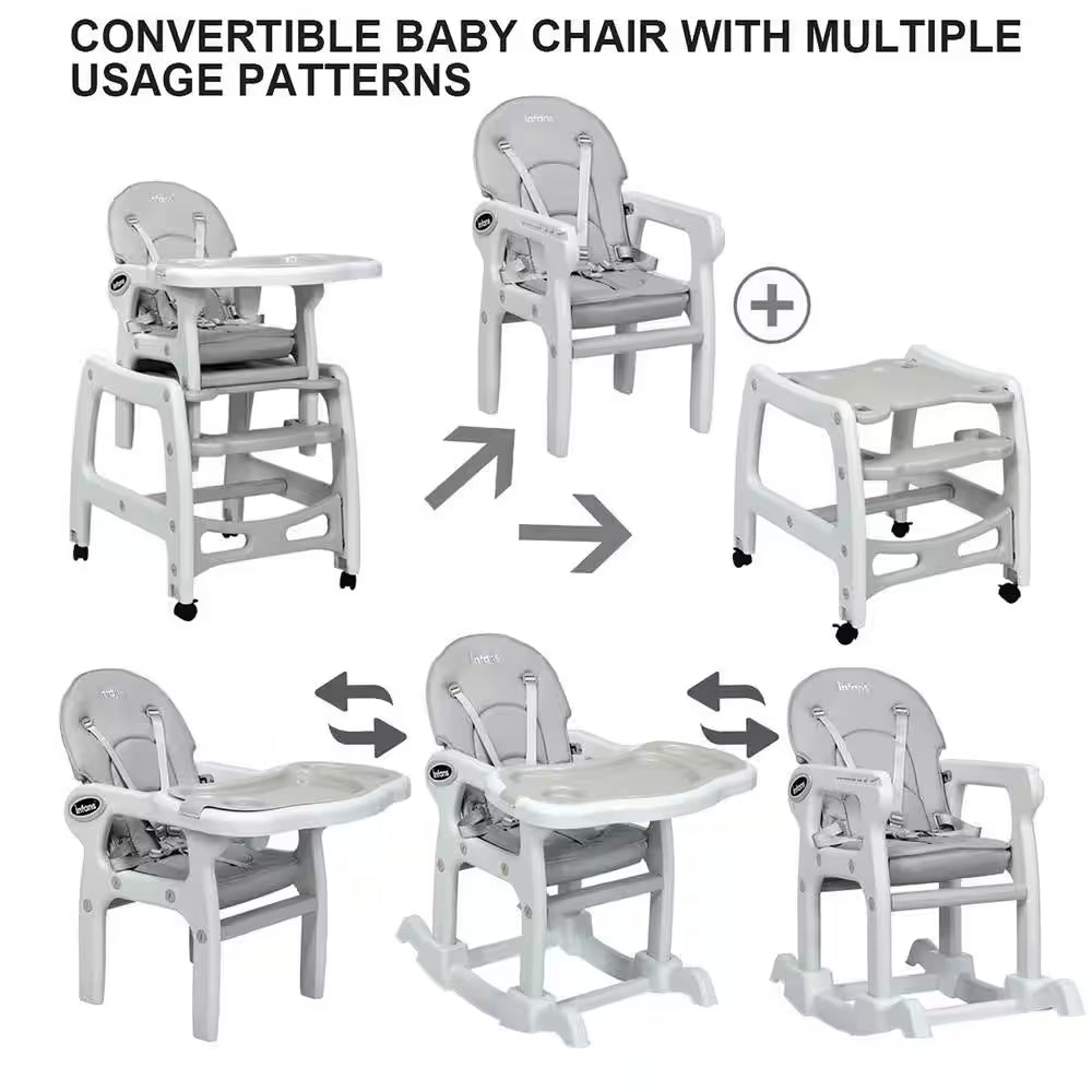Adjustable 3-in-1 Grey Plastic Baby High Chair with Detachable Trays