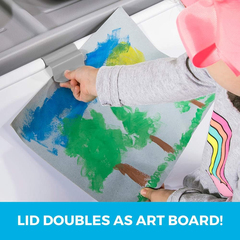 2-in-1 Toy Storage Bin and Art Easel, Durable Plastic Organizer for Toddlers 2+ Years, Gray