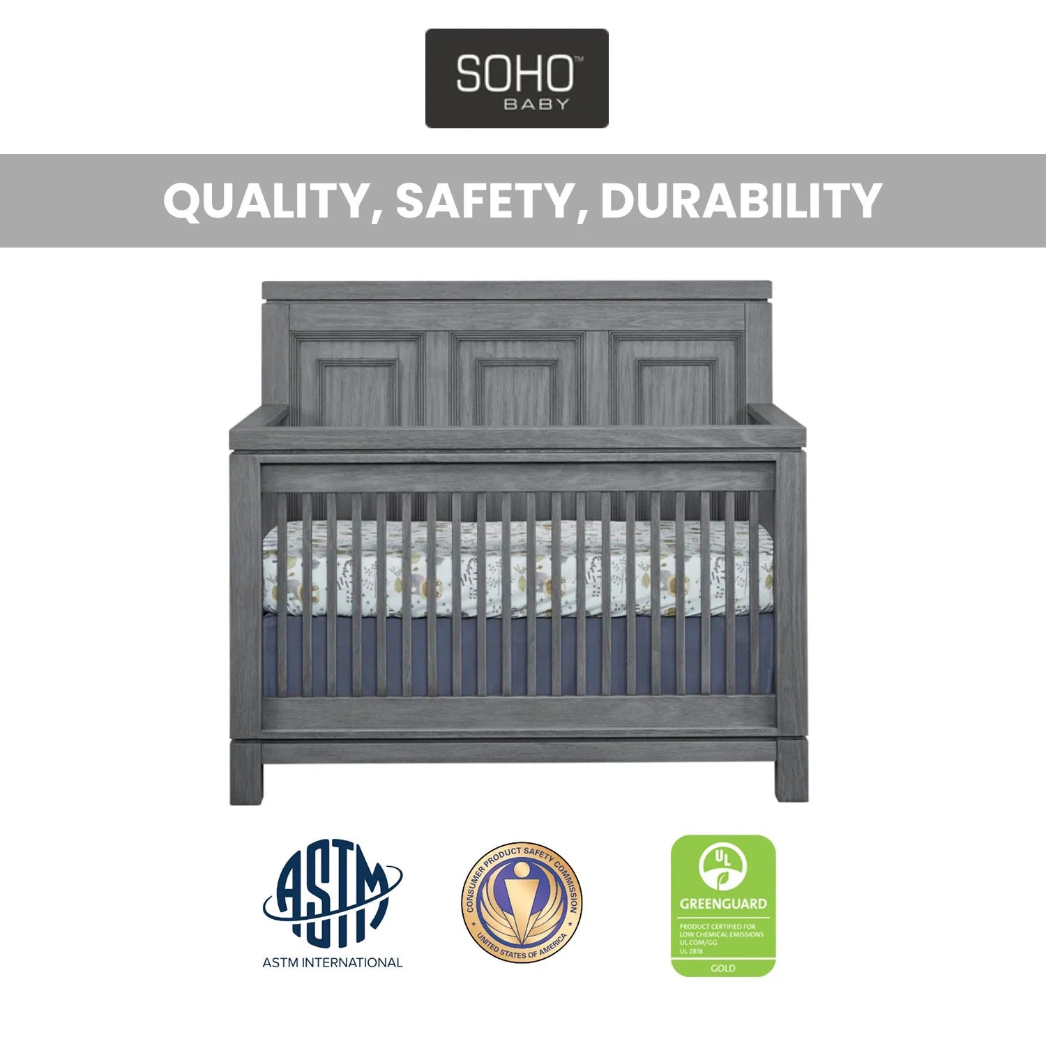Manchester 4-in-1 Convertible Crib in Rustic Gray, GREENGUARD Gold Certified for Enhanced Safety and Quality
