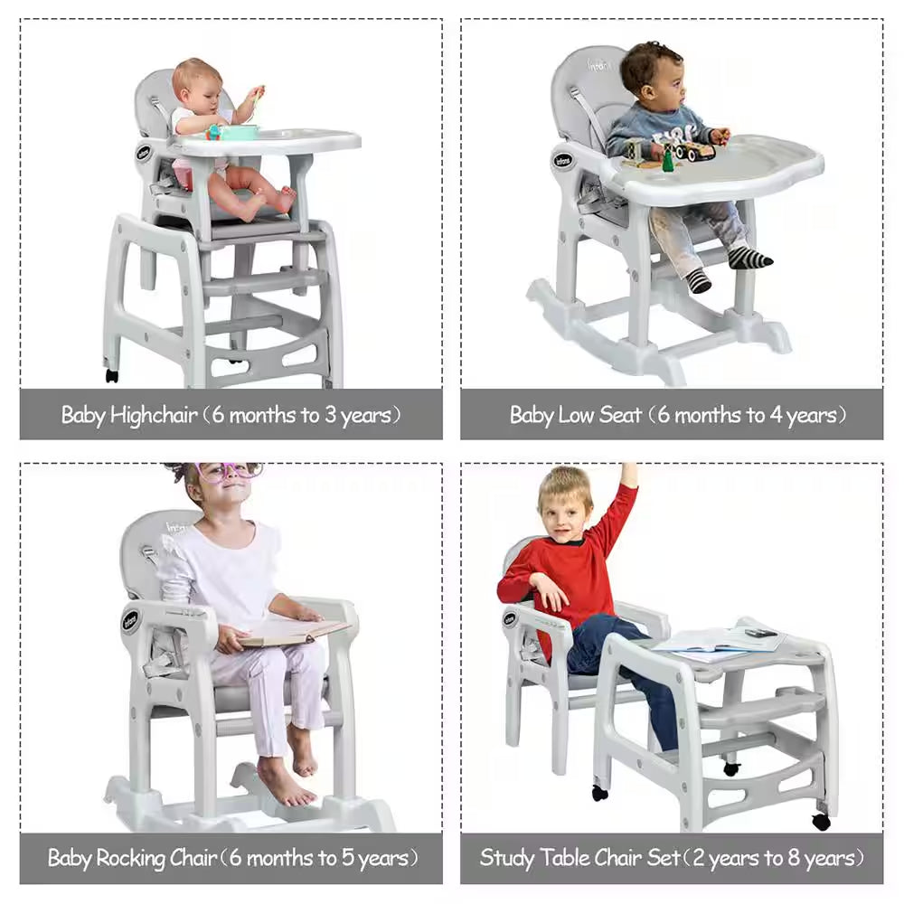 Adjustable 3-in-1 Grey Plastic Baby High Chair with Detachable Trays