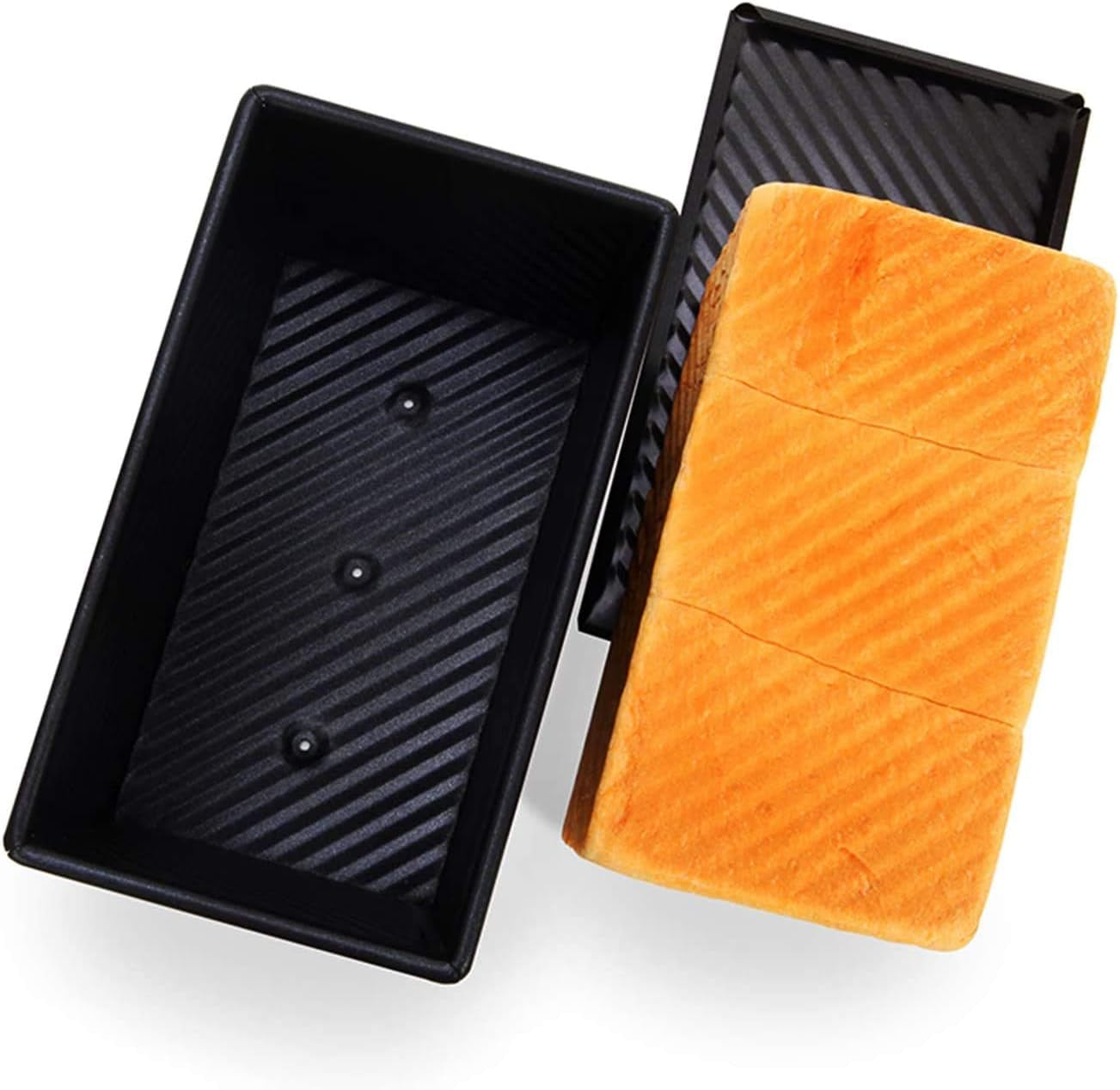 Pullman Loaf Pan with Lid, 1Lb Dough Capacity Non-Stick Rectangle Corrugated Bread Pan, Carbon Steel Bakeware Toast Mold with Cover for Baking Bread - Black