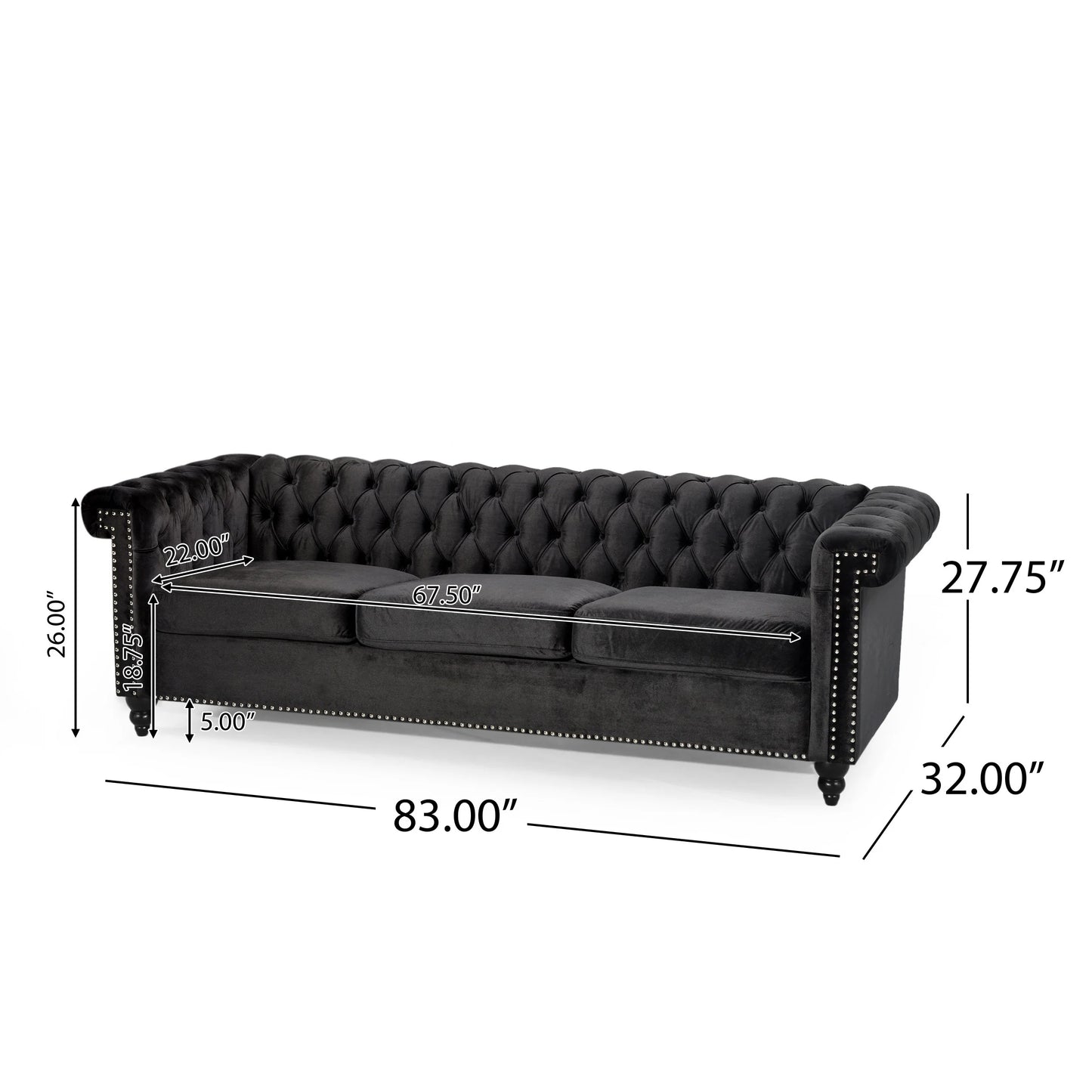 Zyiere Tufted Chesterfield Three-Seater Sofa in Black Velvet and Dark Brown