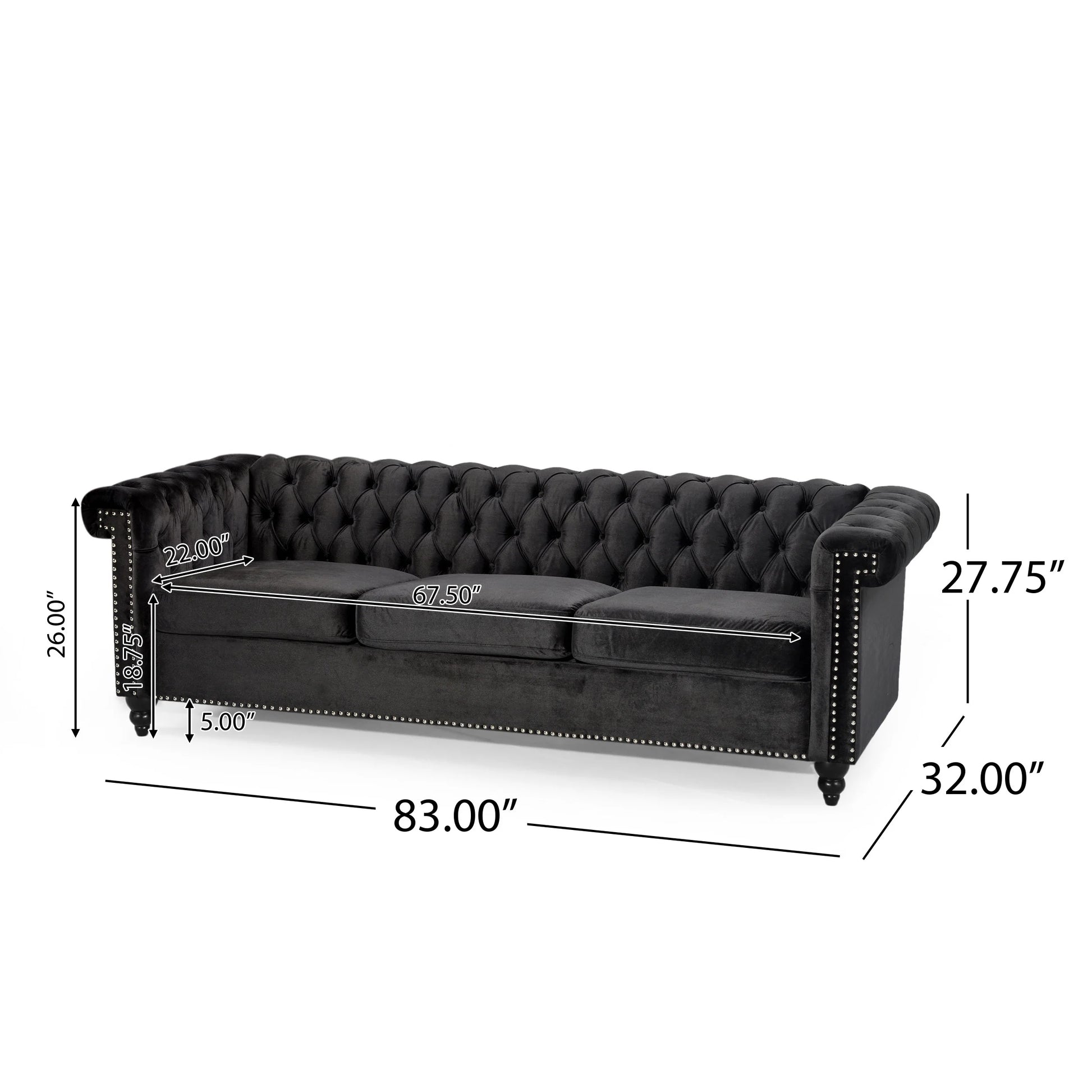 Zyiere Tufted Chesterfield Three-Seater Sofa in Black Velvet and Dark Brown