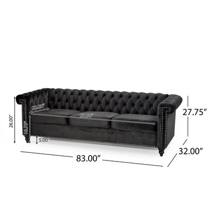 Zyiere Tufted Chesterfield Three-Seater Sofa in Black Velvet and Dark Brown
