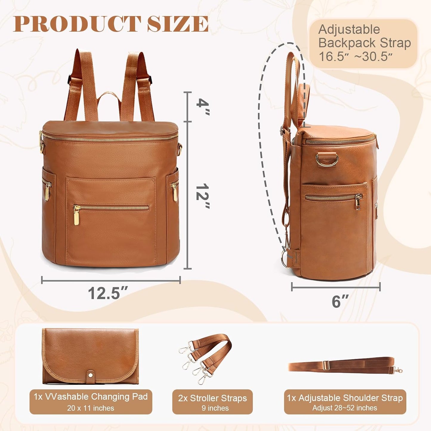 Luxury Leather Diaper Bag Backpack with Changing Pad, Stroller Straps, and Insulated Pockets - Convertible Design in Brown