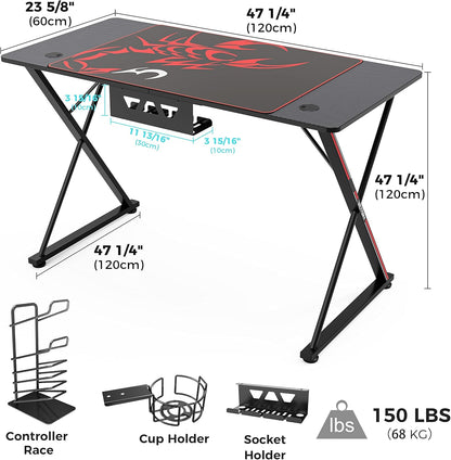 47-Inch X-Shaped Gaming Desk with Mouse Pad, Headphone Hook, Controller Stand, and Cup Holder