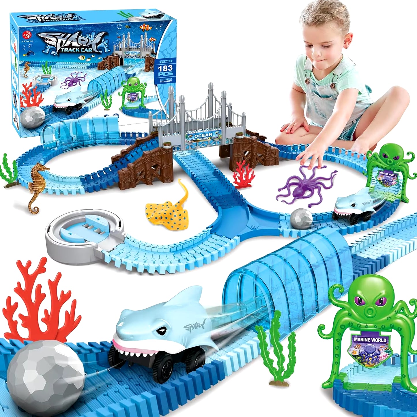 Shark-Inspired Flexible Race Car Track Set for Children Aged 3 and Above - Encouraging STEM Learning with Bendable Racetrack Vehicles