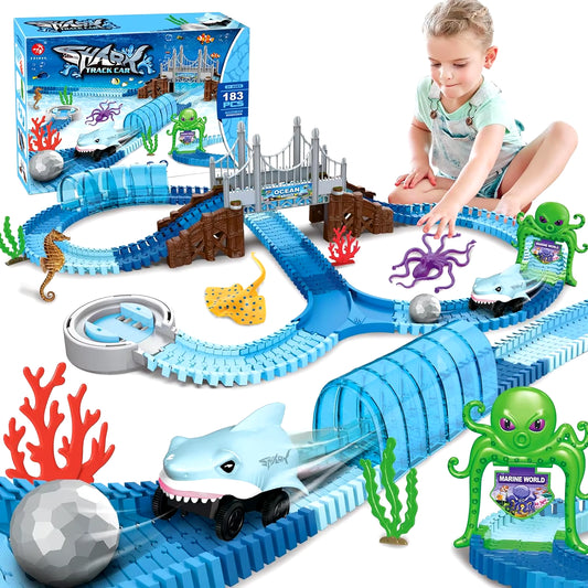 Shark-Inspired Flexible Race Car Track Set for Children Aged 3 and Above - Encouraging STEM Learning with Bendable Racetrack Vehicles