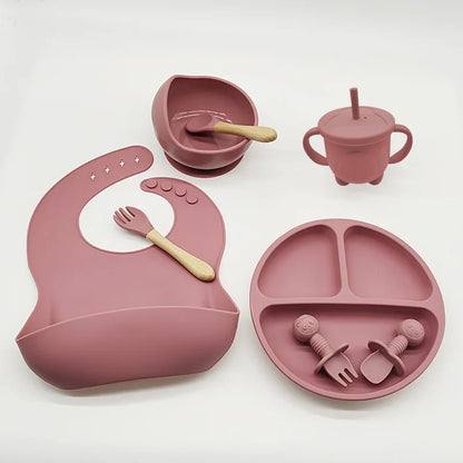 Children's Silicone Tableware Set - 6/8-Piece Dining Essentials with Suction Cups, Forks, Spoons, Bibs, Straws, and Cups for Mothers and Babies