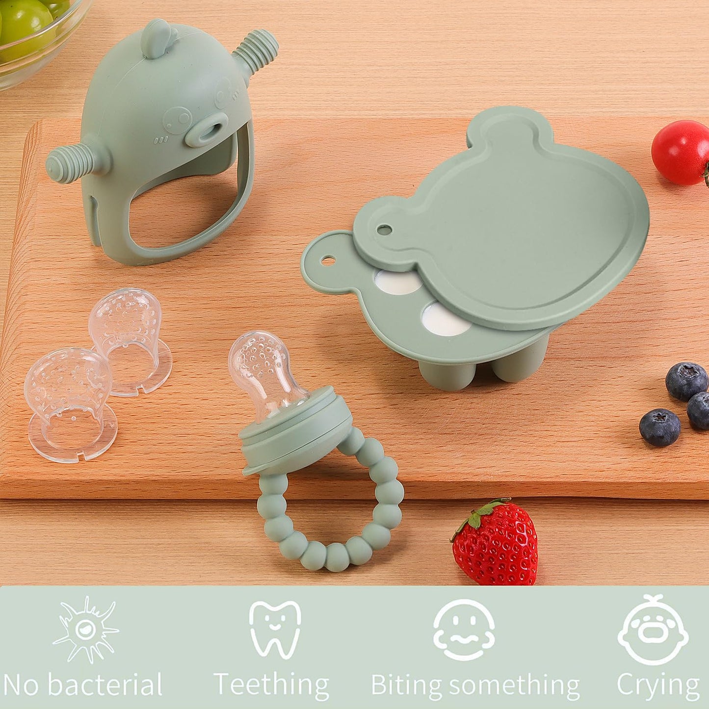 Baby Fruit Feeder and Breastmilk Popsicle Mold Set – 3-Pack Silicone Teething Relief Kit with Food Feeder Pacifier, Freezer Tray with Lid, and Baby Teether (Pea Green)