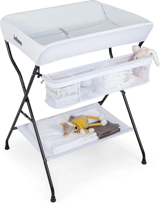 Portable Folding Baby Changing Table with Safety Belt and Spacious Storage Racks for Newborns and Infants (White)