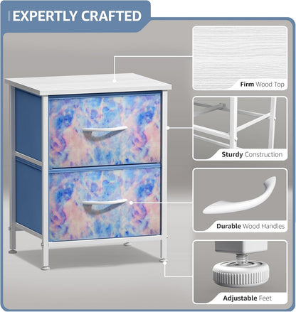 Kids Nightstand with Two Drawers - Steel Frame and Wood Top End Table with Fabric Bins - Versatile Dresser and Chest for Home, Bedroom, Office, and College Dorm