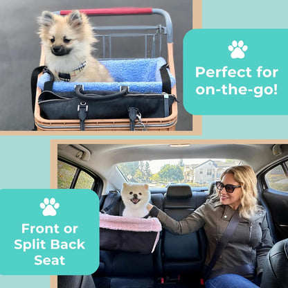 Blue Dog Booster Seat - Washable, Adjustable, Collapsible Pet Travel Carrier Bed - Safety Seat Belt Tether for Small Dogs, Puppies, and Pets up to 18 Lbs