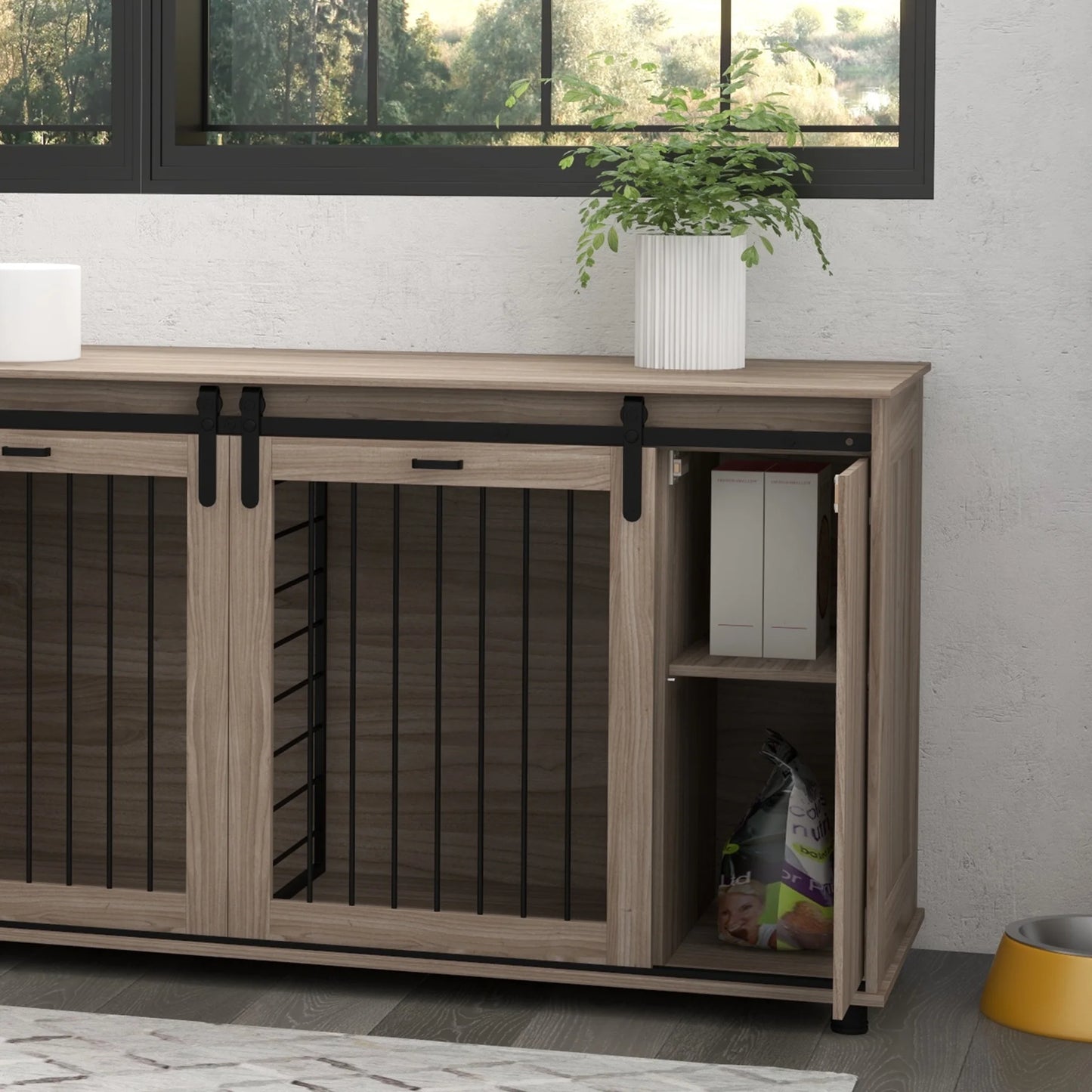 71" Dog Crate Furniture with Removable Divider for 2 Small Dogs or 1 Large Dog, Dog Kennel Furniture with Storage, Double Doors