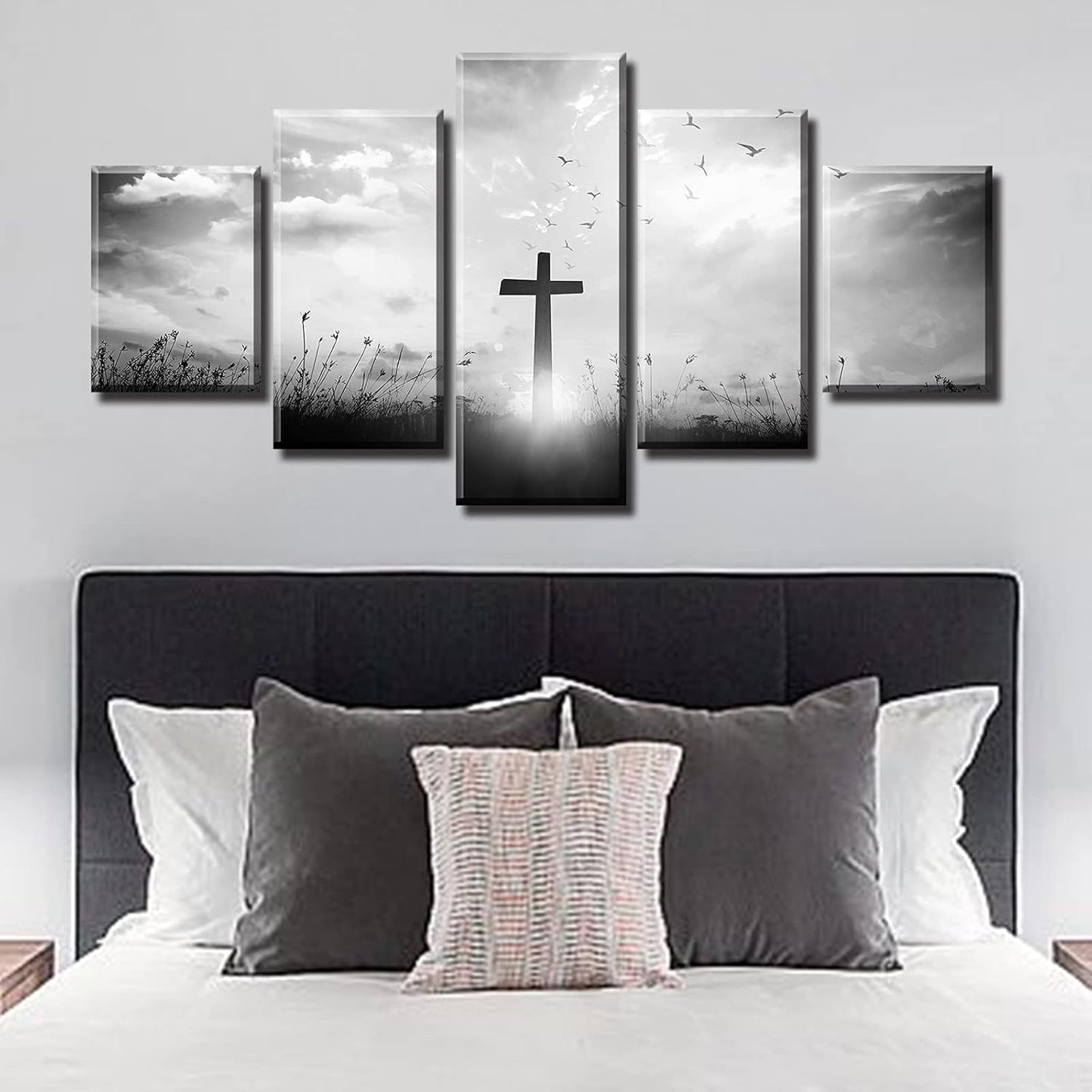 Black and White Christian Wall Art Set - Religious Jesus Cross Prints for Living Room and Bedroom Decor - 5-Piece Artwork (60" W x 32" H)
