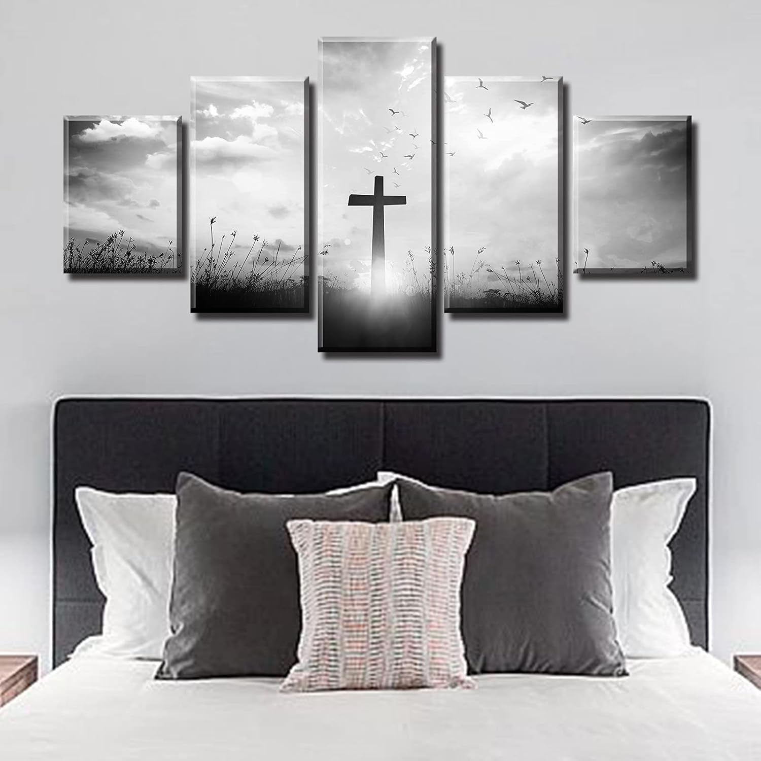 Black and White Christian Wall Art Set - Religious Jesus Cross Prints for Living Room and Bedroom Decor - 5-Piece Artwork (60" W x 32" H)