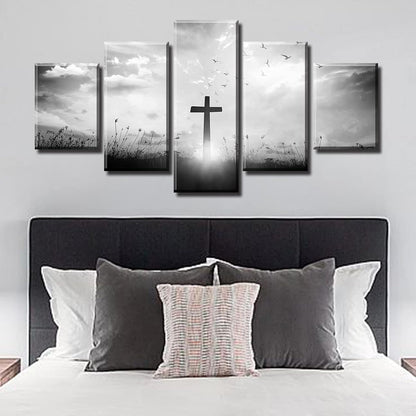 Black and White Christian Wall Art Set - Religious Jesus Cross Prints for Living Room and Bedroom Decor - 5-Piece Artwork (60" W x 32" H)