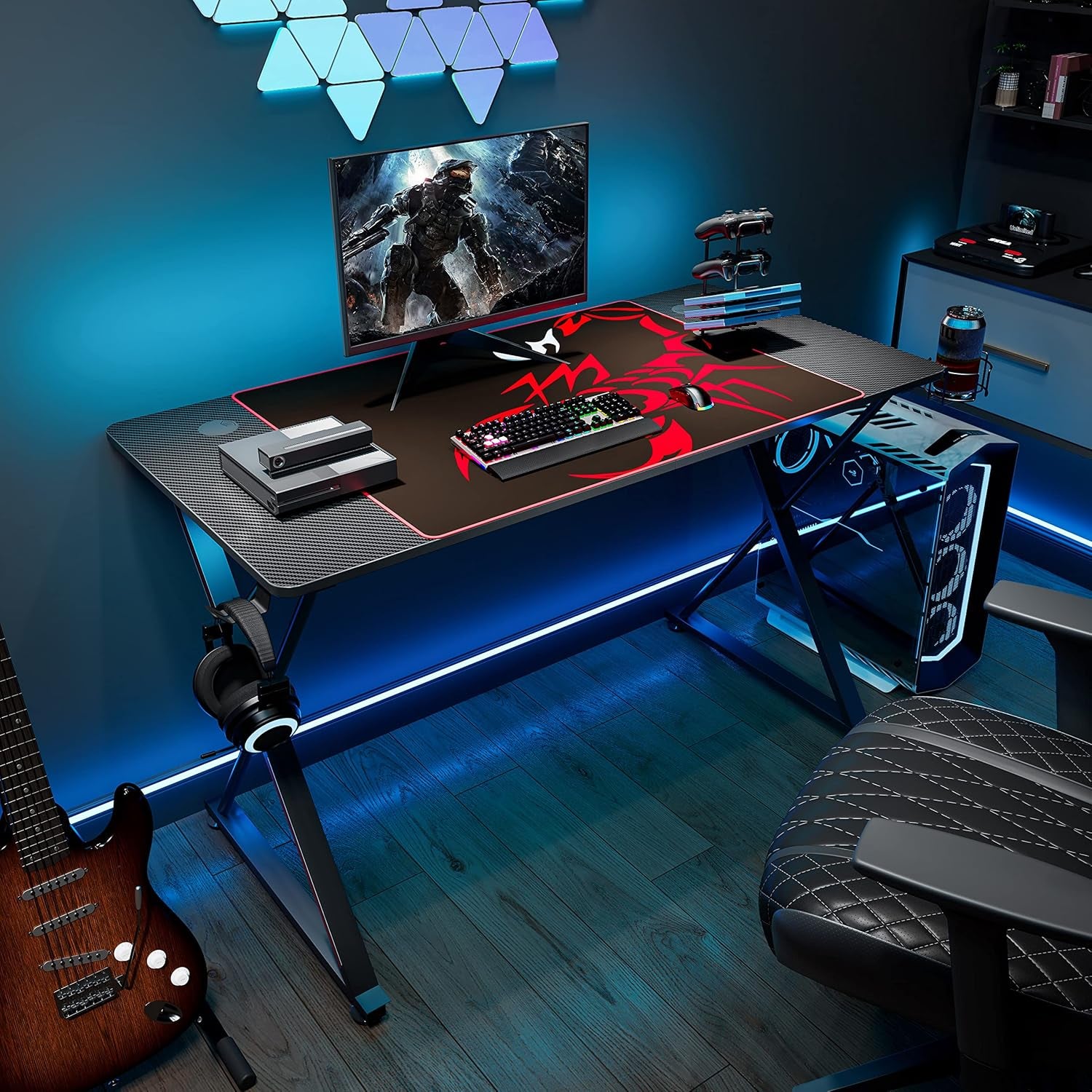 47-Inch X-Shaped Gaming Desk with Mouse Pad, Headphone Hook, Controller Stand, and Cup Holder
