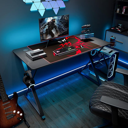 47-Inch X-Shaped Gaming Desk with Mouse Pad, Headphone Hook, Controller Stand, and Cup Holder