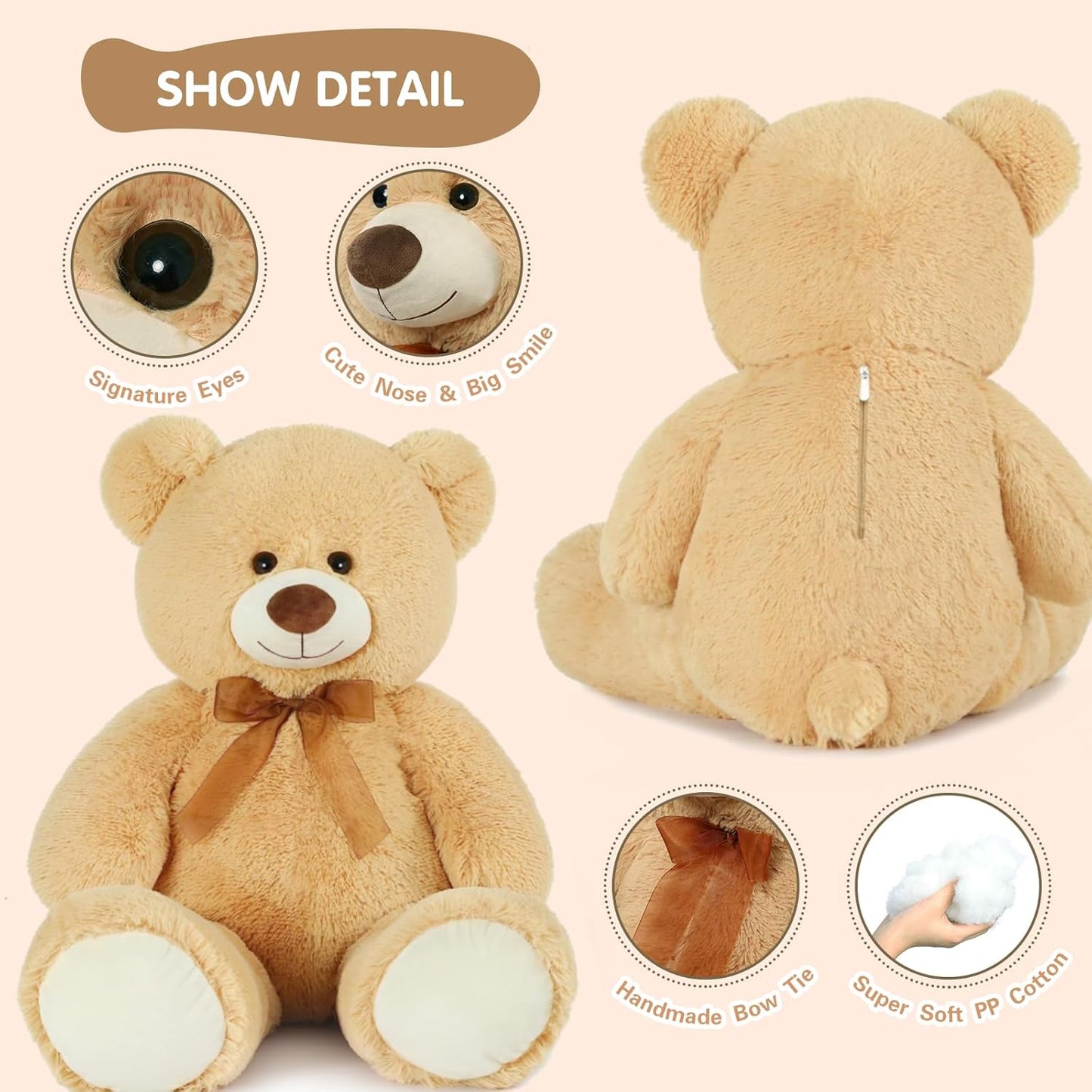 3Ft Giant Teddy Bear Stuffed Animal - Large Tan Bear for Kids, Baby Showers, and Special Occasions