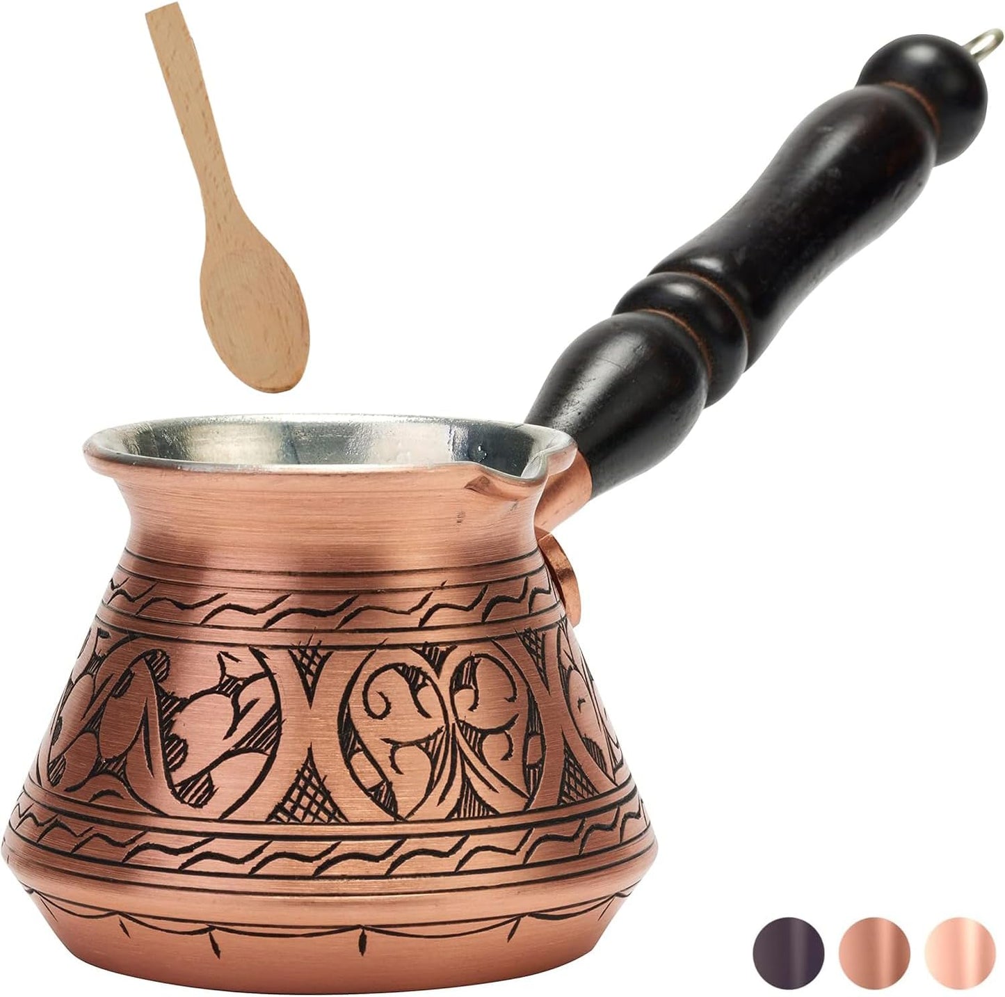 Thickest Copper Turkish Greek Arabic Coffee Pot, Stovetop Coffee Maker, Cezve Ibrik Briki with Wooden Handle & Spoon, Hand Engraved (Matte Copper, 9 Ounces)