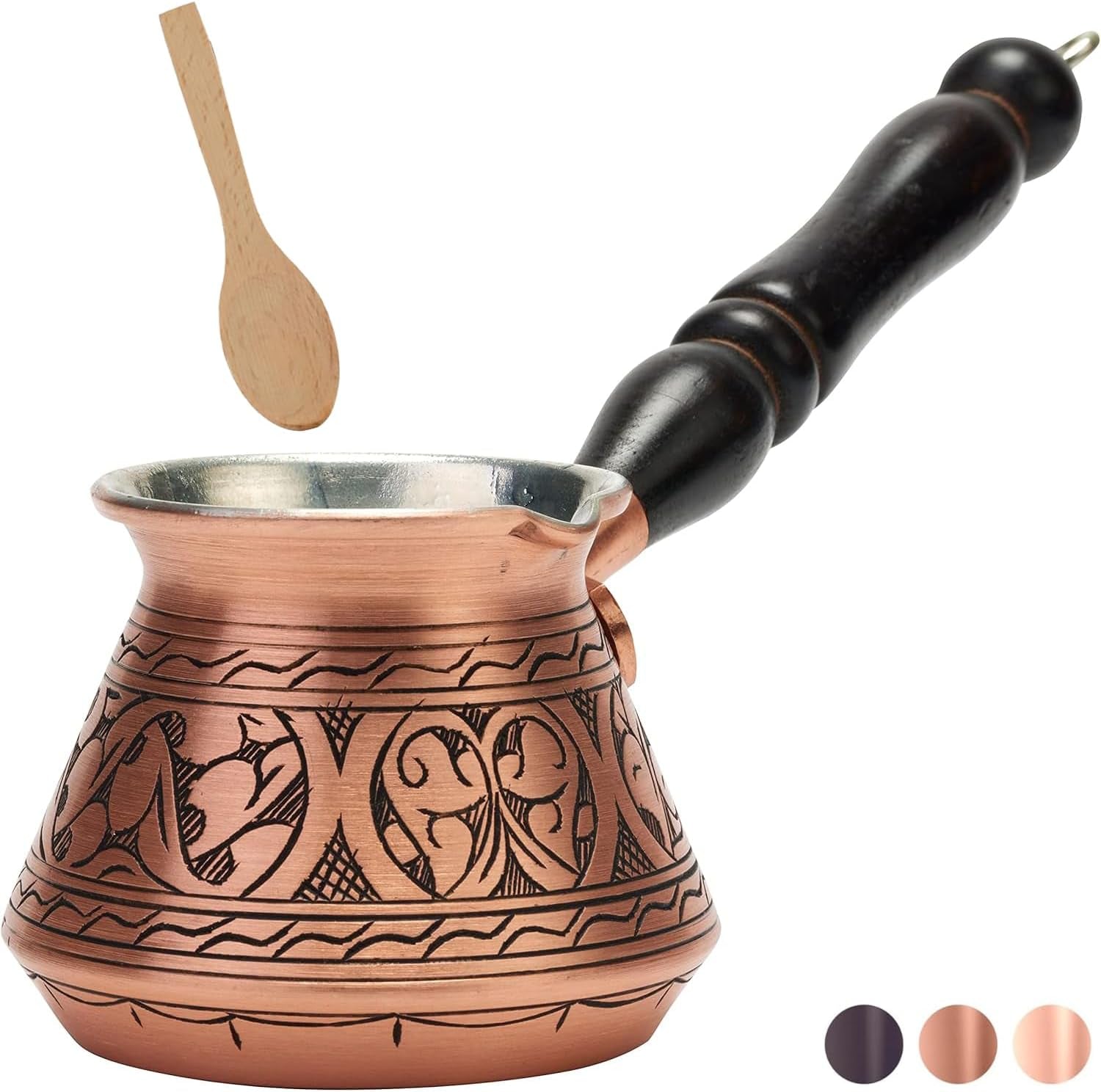 Thickest Copper Turkish Greek Arabic Coffee Pot, Stovetop Coffee Maker, Cezve Ibrik Briki with Wooden Handle & Spoon, Hand Engraved (Matte Copper, 9 Ounces)