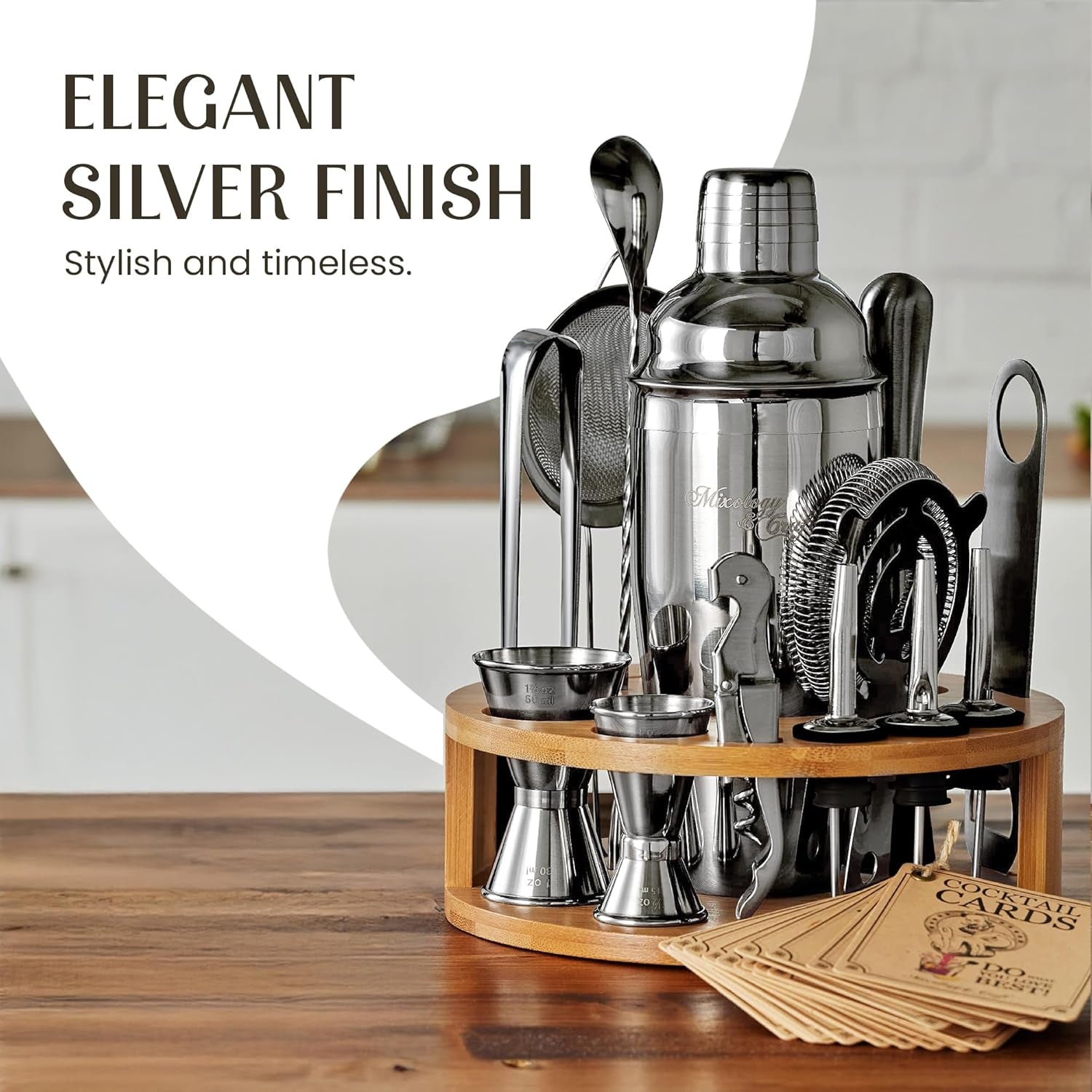 Bartender Kit – 15 Piece Cocktail Shaker Set with Bamboo Stand | Complete Cocktail Kit Gift Set | Top Bartender Gifts for Men & Women | Exclusive Recipe Cards (Silver)