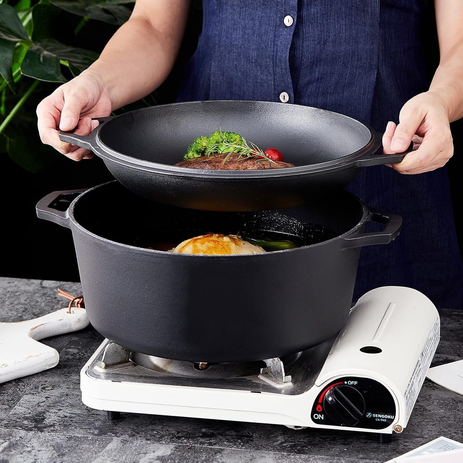 Pre-Seasoned Cast Iron Double Dutch Oven with Skillet Lid - 7 Quart All-In-One Casserole and Braising Pan - Heavy Duty and Oven Safe Black Cookware for Versatile Cooking - 14.7 X 6.9 Inches