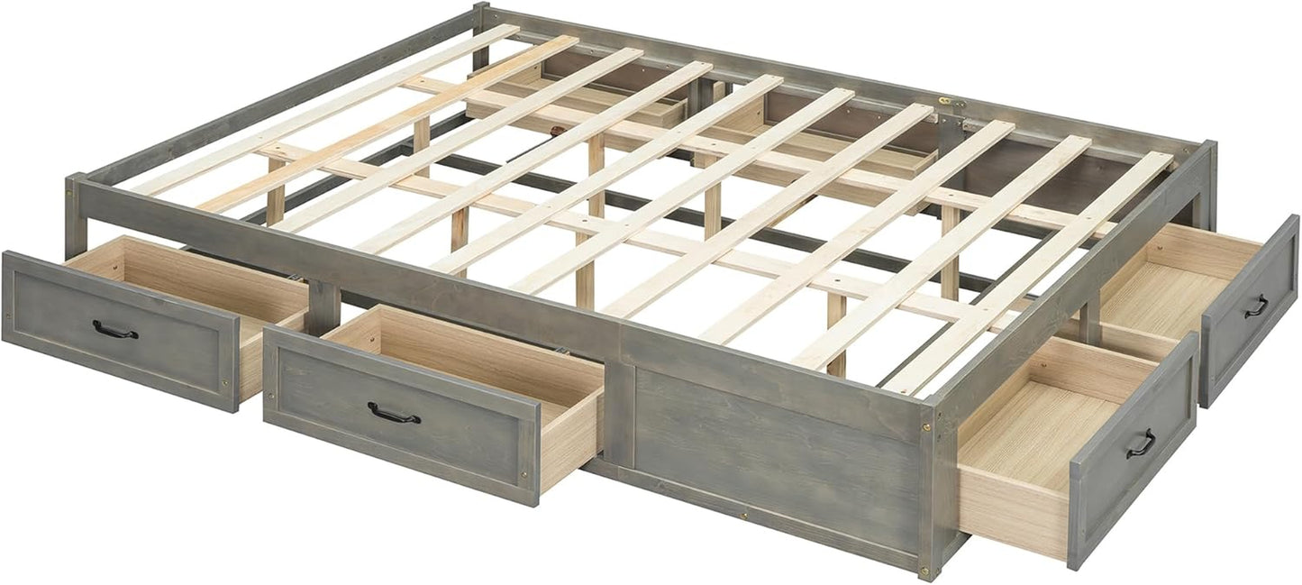 Queen Size Platform Bed, Wooden Queen Bed with 6 Storage Drawers, Antique Gray