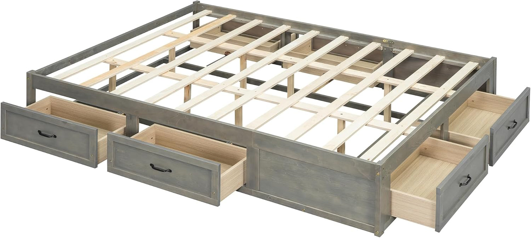 Queen Size Platform Bed, Wooden Queen Bed with 6 Storage Drawers, Antique Gray