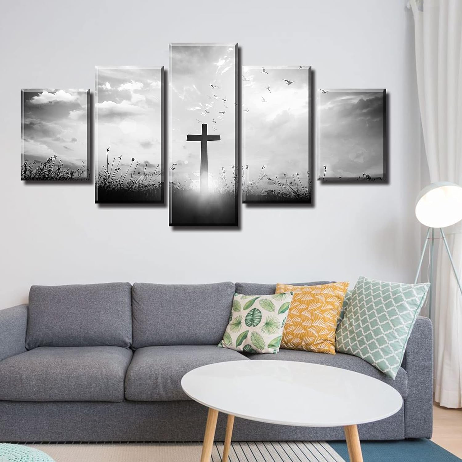 Black and White Christian Wall Art Set - Religious Jesus Cross Prints for Living Room and Bedroom Decor - 5-Piece Artwork (60" W x 32" H)