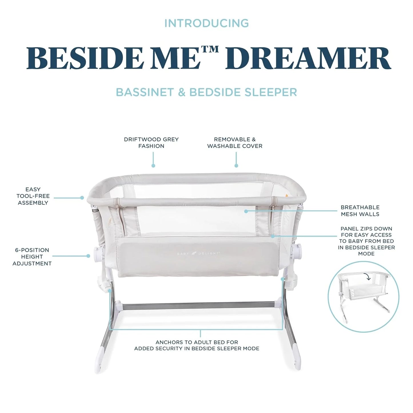 Dreamer Bassinet and Bedside Sleeper in Driftwood Gray for Infants Aged 0-5 Months (Unisex)