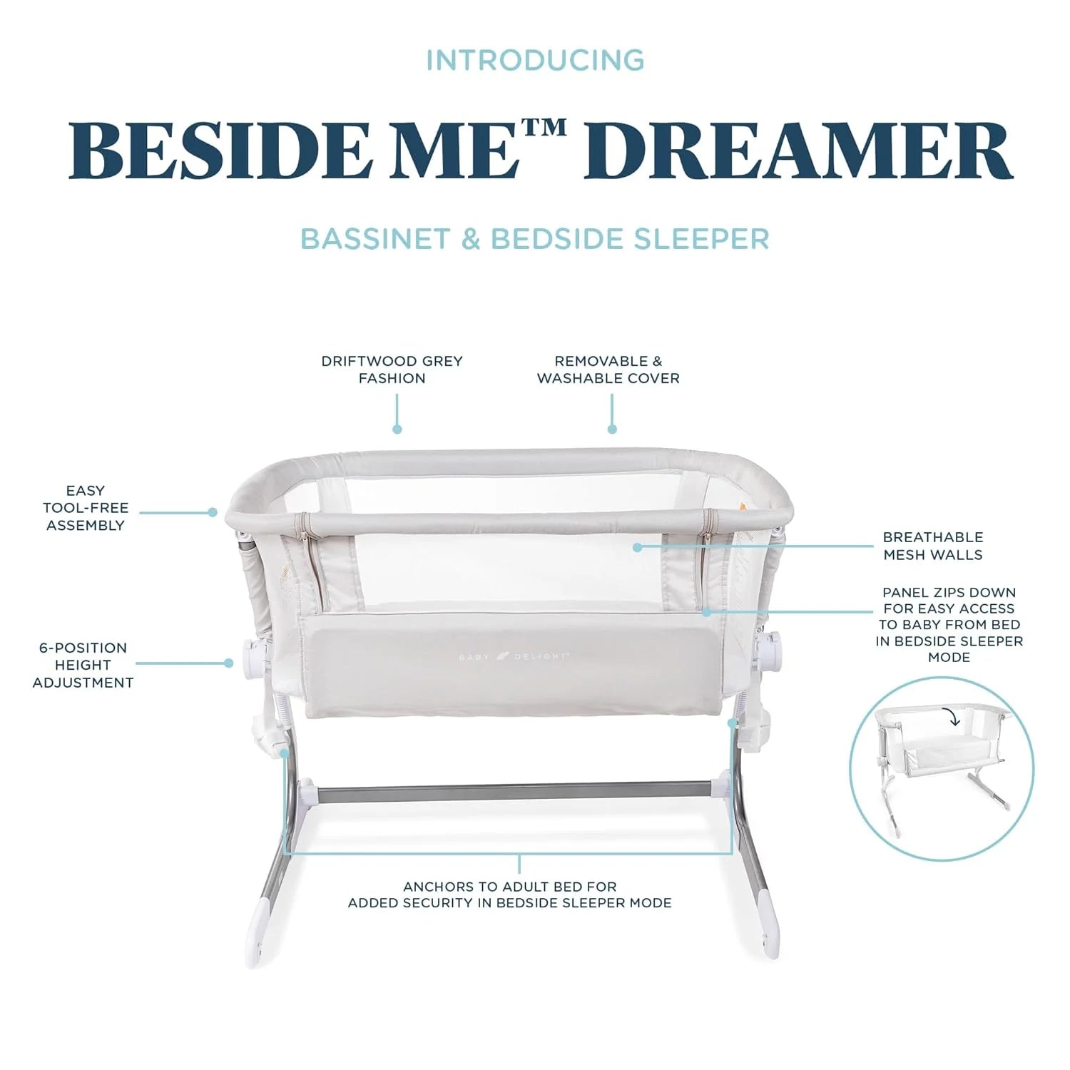 Dreamer Bassinet and Bedside Sleeper in Driftwood Gray for Infants Aged 0-5 Months (Unisex)