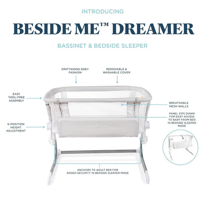 Dreamer Bassinet and Bedside Sleeper in Driftwood Gray for Infants Aged 0-5 Months (Unisex)