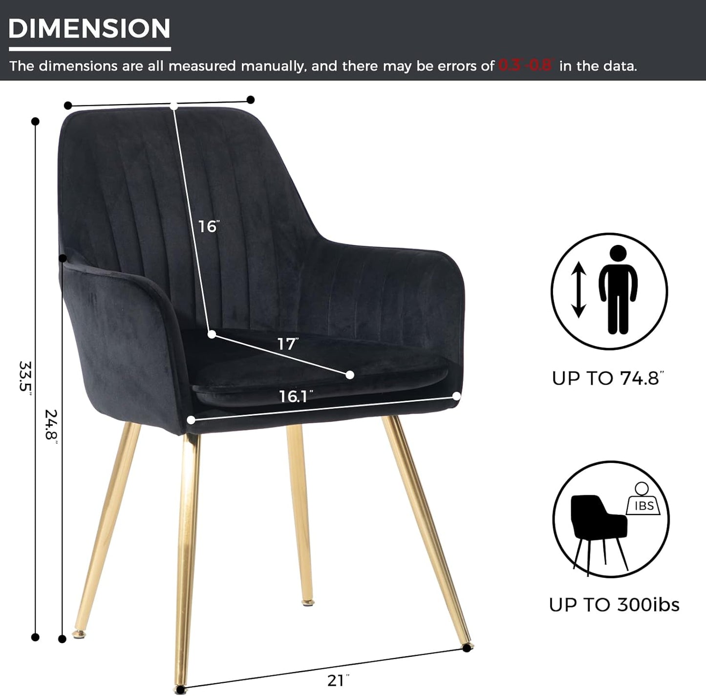 Mid-Back Velvet Dining Chair Set of 2 - Modern Leisure Armchair with Gold-Plated Legs, Upholstered Living Room Chairs (Black)