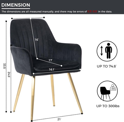 Mid-Back Velvet Dining Chair Set of 2 - Modern Leisure Armchair with Gold-Plated Legs, Upholstered Living Room Chairs (Black)