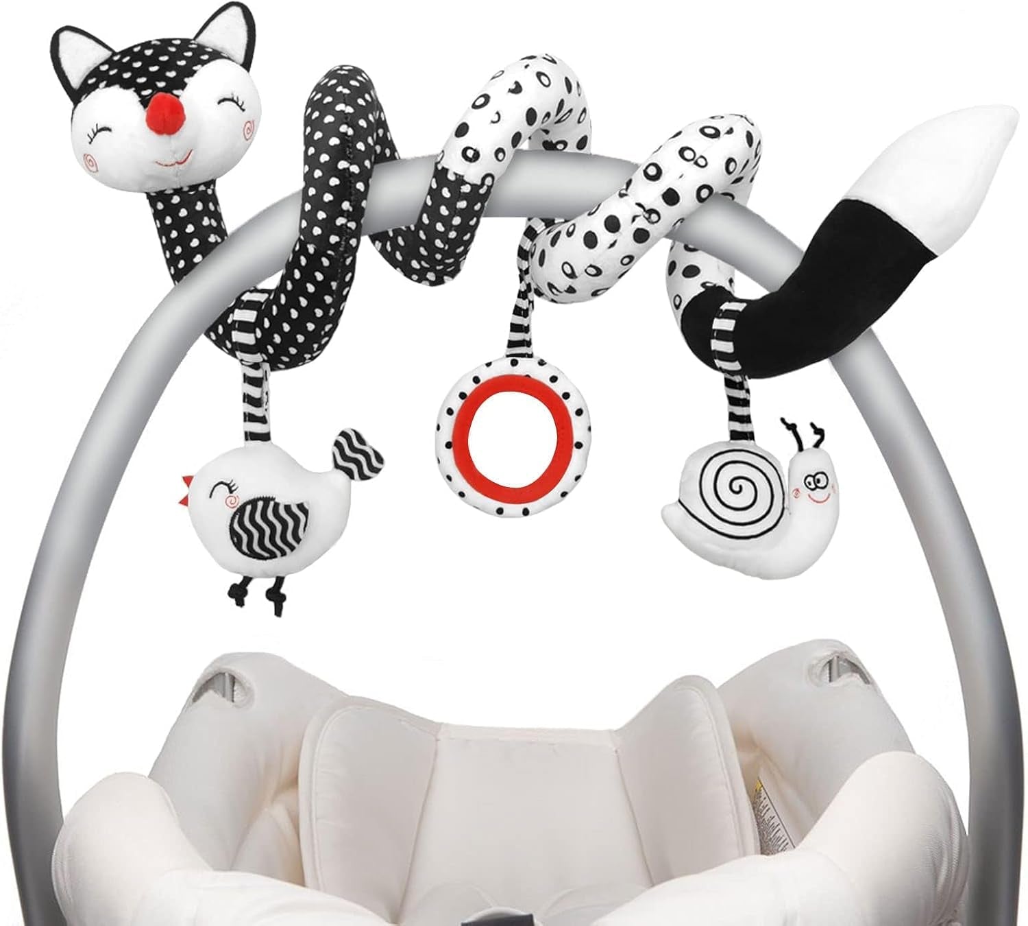 High Contrast Black and White Plush Spiral Toys for Infants, Ideal Sensory Car Seat and Stroller Accessories for Newborns 0-12 Months