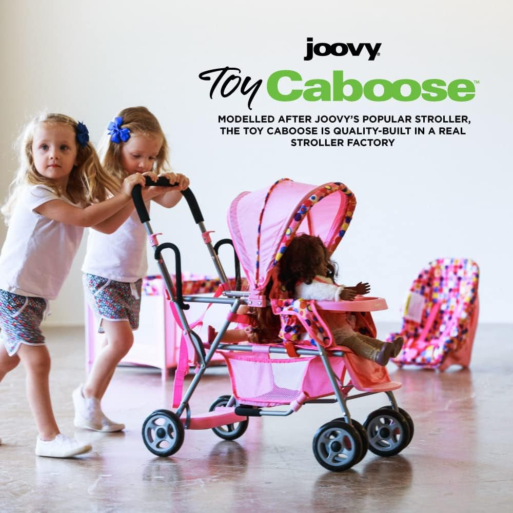 Deluxe Baby Doll Stroller Caboose with Reclining Front Seat, Adjustable Footrest, Storage Basket, Extendable Canopy, and Snack Tray - Accommodates Up to 3 Dolls (Pink Dot)