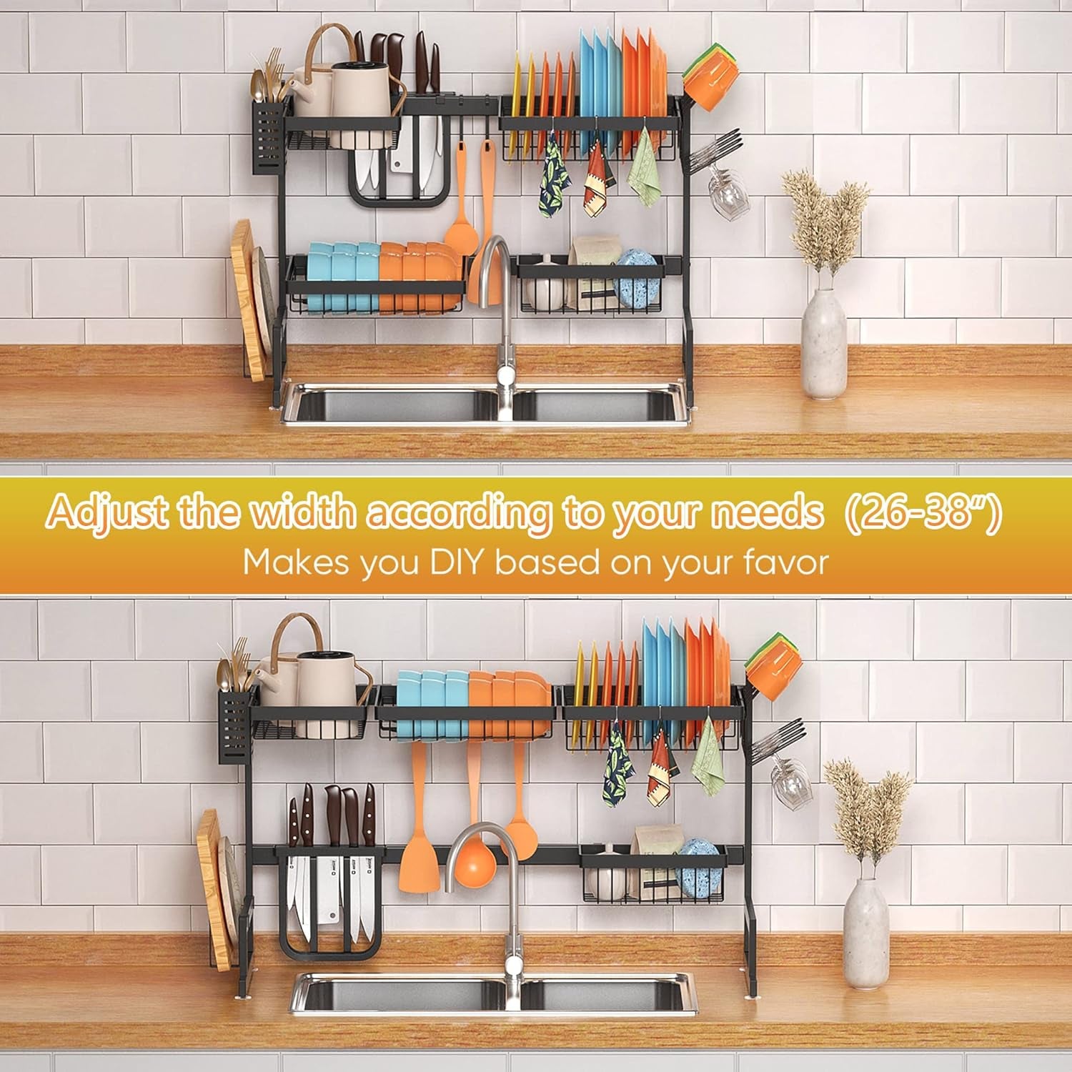 Stainless Steel Over-Sink Dish Drying Rack, Adjustable 2-Tier Large Dish Drainer for Kitchen Organization, Black (Standard 26"-38")