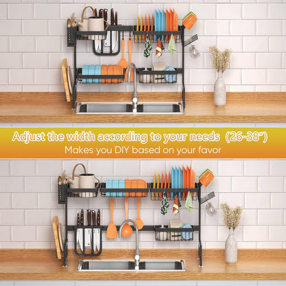 Stainless Steel Over-Sink Dish Drying Rack, Adjustable 2-Tier Large Dish Drainer for Kitchen Organization, Black (Standard 26"-38")