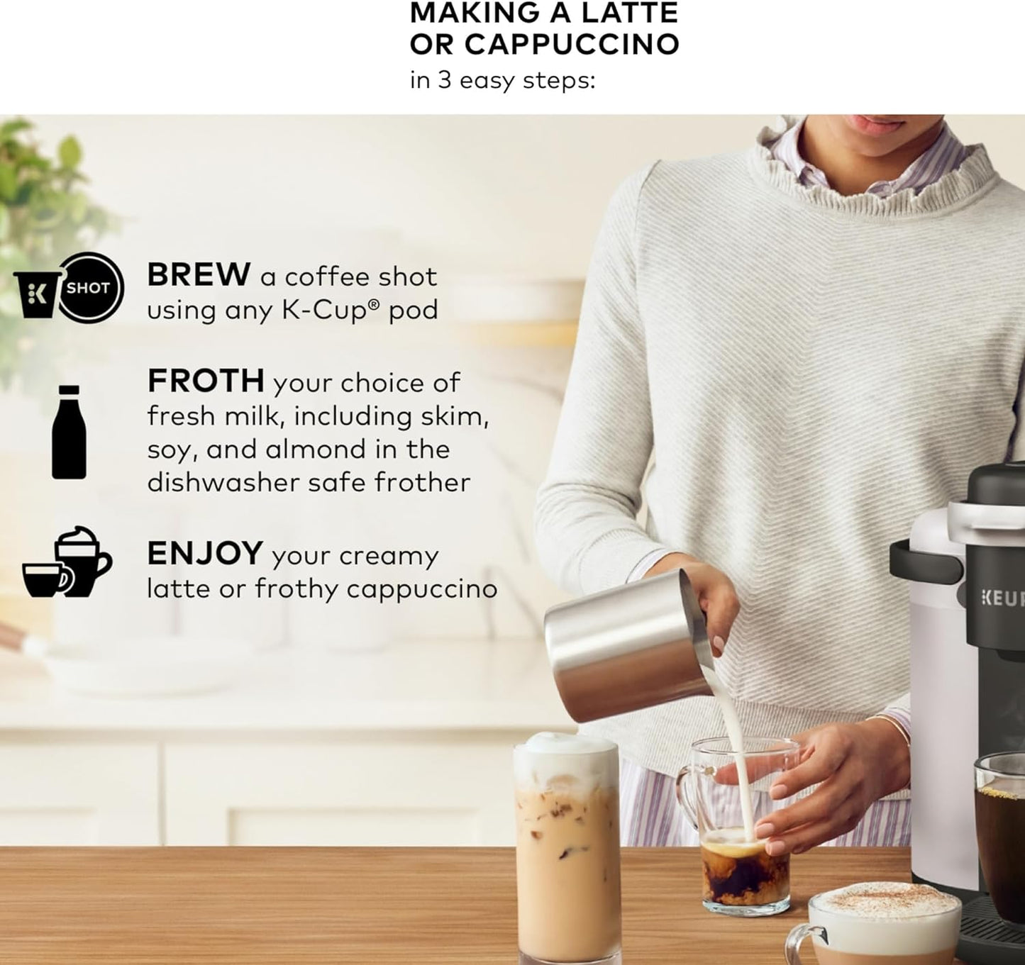 K-Cafe Single-Serve K-Cup Coffee Maker, Latte Maker and Cappuccino Maker, Comes with Dishwasher Safe Milk Frother, Coffee Shot Capability, Compatible with All  K-Cup Pods, Dark Charcoal