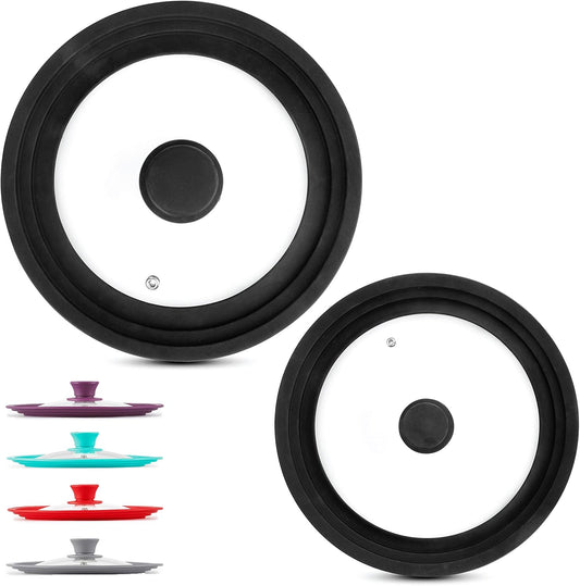 Universal Lids (Set of 2) Fits 7 to 12-Inch Cookware, Silicone Replacement Pan Lid, Glass Top Covers for Skillets, Pots, Frying Pans, Cast Iron, Crockpot - Black