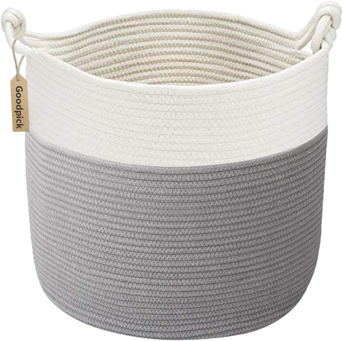 Cotton Rope Storage Basket - 15 x 14.2 Inches - Multi-Purpose Organizer for Baby Laundry and Toys with Handles - Elegant Grey Woven Design for Home Décor and Living Room Organization