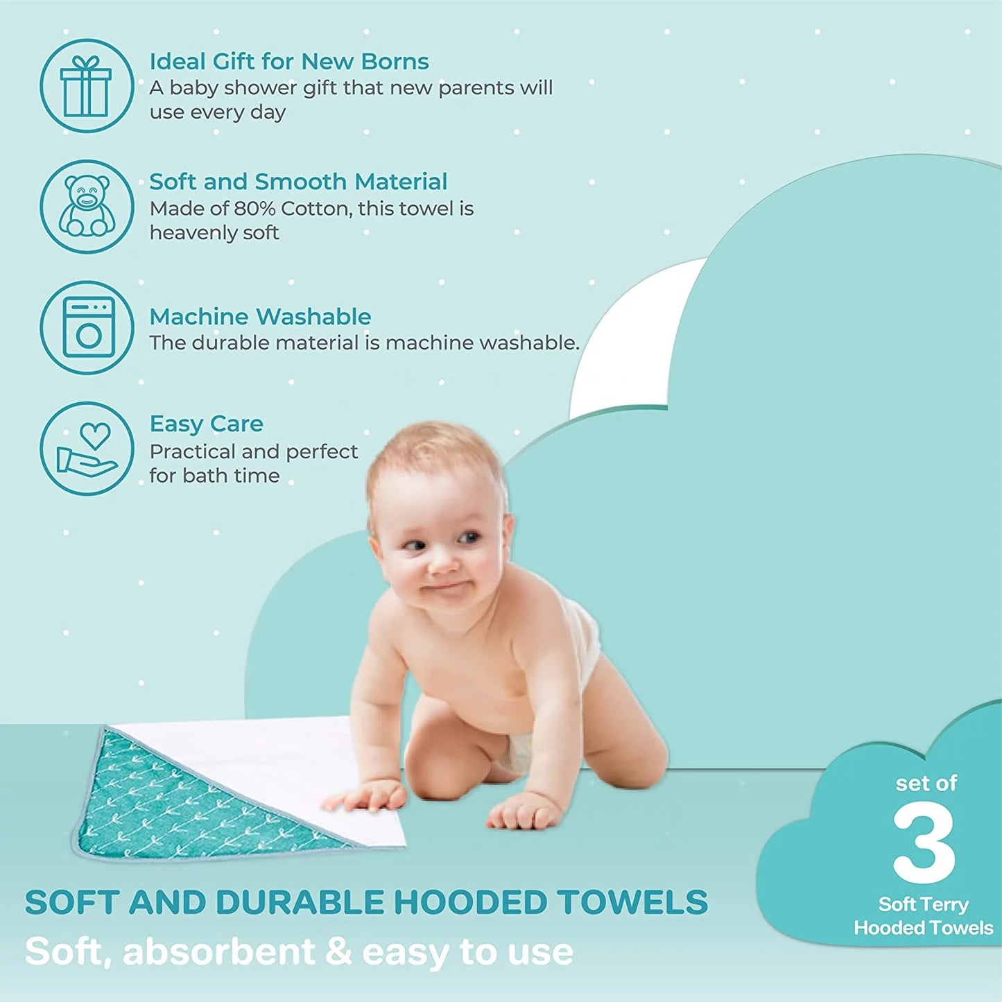 Newborn Baby Hooded Towel Set - Soft Terry Bath Towels for Infants, Set of 3 in Green Dots