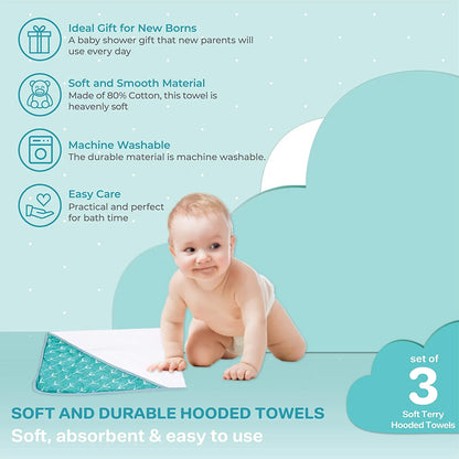Newborn Baby Hooded Towel Set - Soft Terry Bath Towels for Infants, Set of 3 in Green Dots