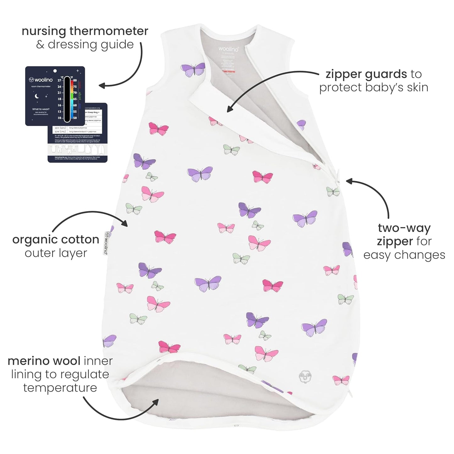 Merino Wool and Organic Cotton Baby Sleeping Bag - Classic 4-Season Sleep Sack with Two-Way Zipper for Ages 18-36 Months - Butterfly Design