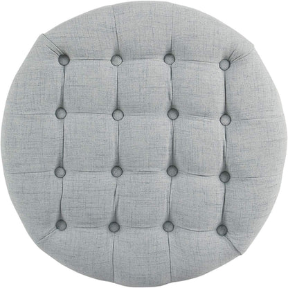 Button-Tufted Round Woven Storage Ottoman in Light Blue for Living Room and Bedroom