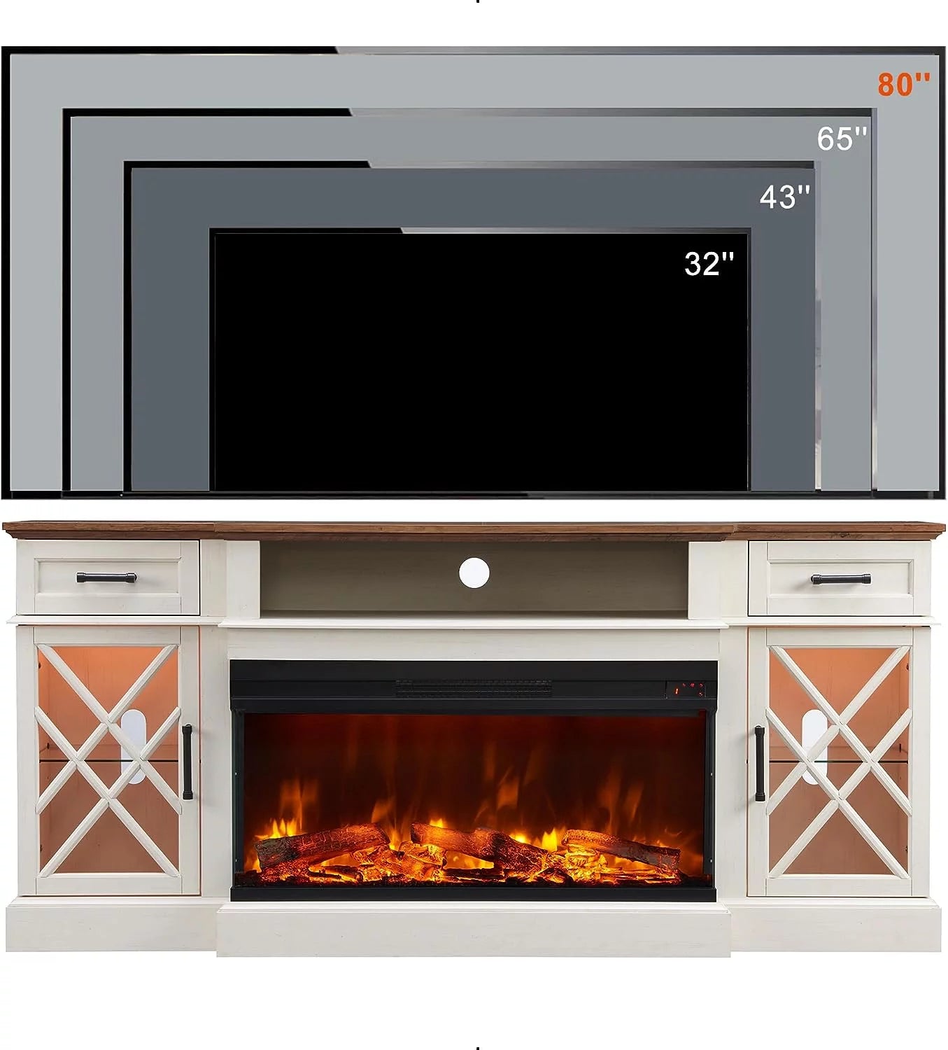 Farmhouse 3-Sided TV Stand with Electric Fireplace for 80" TVs, 70" Entertainment Center with Storage Drawers in Antique White